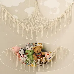 Stuffed Animal Hammock Corner, Hand-Knitted Large Plushie Net Toy Hammock with Wooden Rings | Boho Cute Stuff Animal Storage for Nursery & Bedroom | Mesh Kids Toy Organizer Holder Nursery Room Decor