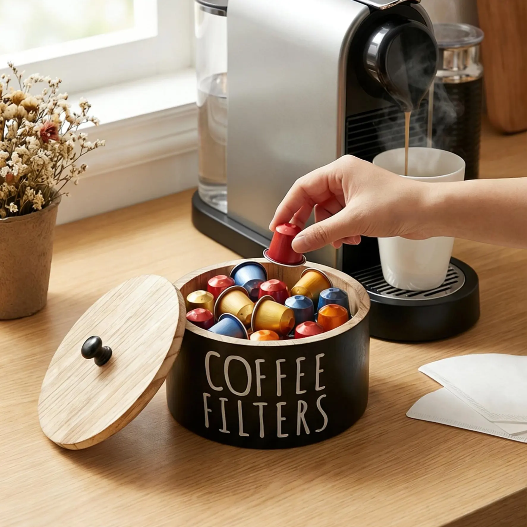Coffee Filter Holder Wooden Coffee Filter Storage Container with Lid Multipurpose Coffee Filter Dispenser Sturdy Coffee Pod Organizer Coffee Filter Basket for Bar Counter Coffee Bar Decor, Summervibes