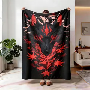Maple Leaf Wolf Theme Flannel Blanket, Soft Throw Blanket, Decorative Blanket, Large Size, Soft and Lightweight, Perfect for All Seasons, Ideal Gift for Family