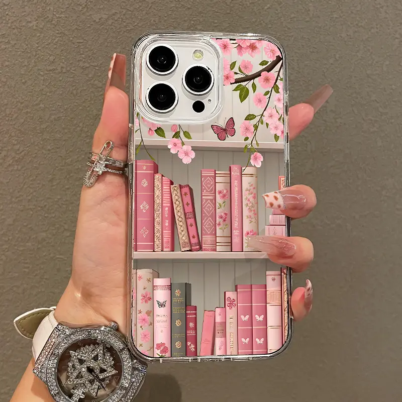 Soft Girl TPU Magnetic iPhone Case for iPhone 11/12/13/14/15/16/17 Pro Max, Aesthetic Blossom Bookshelf Design, Lightweight, Drop-Resistant, MagSafe-Compatible Phone Accessories for Teen Girls