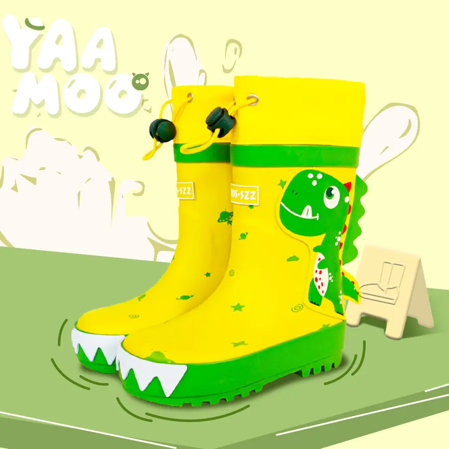 Kids Drawstring Rain Boots - Waterproof, Non-Slip Rubber Sole Yellow Dinosaur Rain Shoes for Boys Girls, Cute, Animal Print