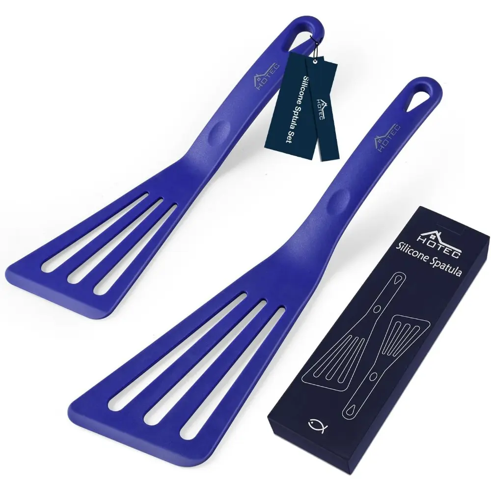 2-Piece Classic Blue Heat-Resistant Silicone Slotted Fish Turner Spatula Set for Non-Stick Cookware, Kitchen Utensils, Dishwasher Safe