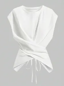 Women's Knitted Round Neck Drop Shoulder Sleeve T-Shirt, Fashion Casual Asymmetrical Criss Cross Back Tie Top, Spring & Fall Wear