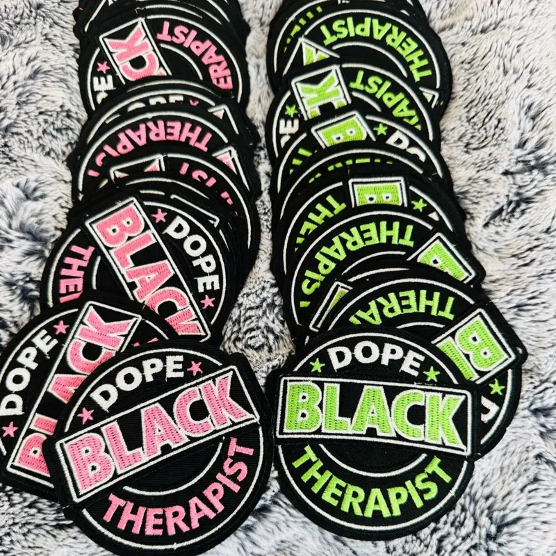 Durable Fabric Embroidery Patches - Stylish Design, Dope Black Therapist Theme, Green or Pink Options, Strength-Boosted Premium Finish, Easy Application, Ideal for Jackets, Bags