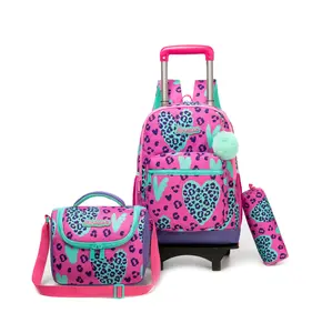 Rolling School Bag Set 3-in-1, Removable 2-Wheel Backpack with Matching Lunch Bag & Pencil Case, Trendy Vibrant Bookbag for Teen Girls kid print cute