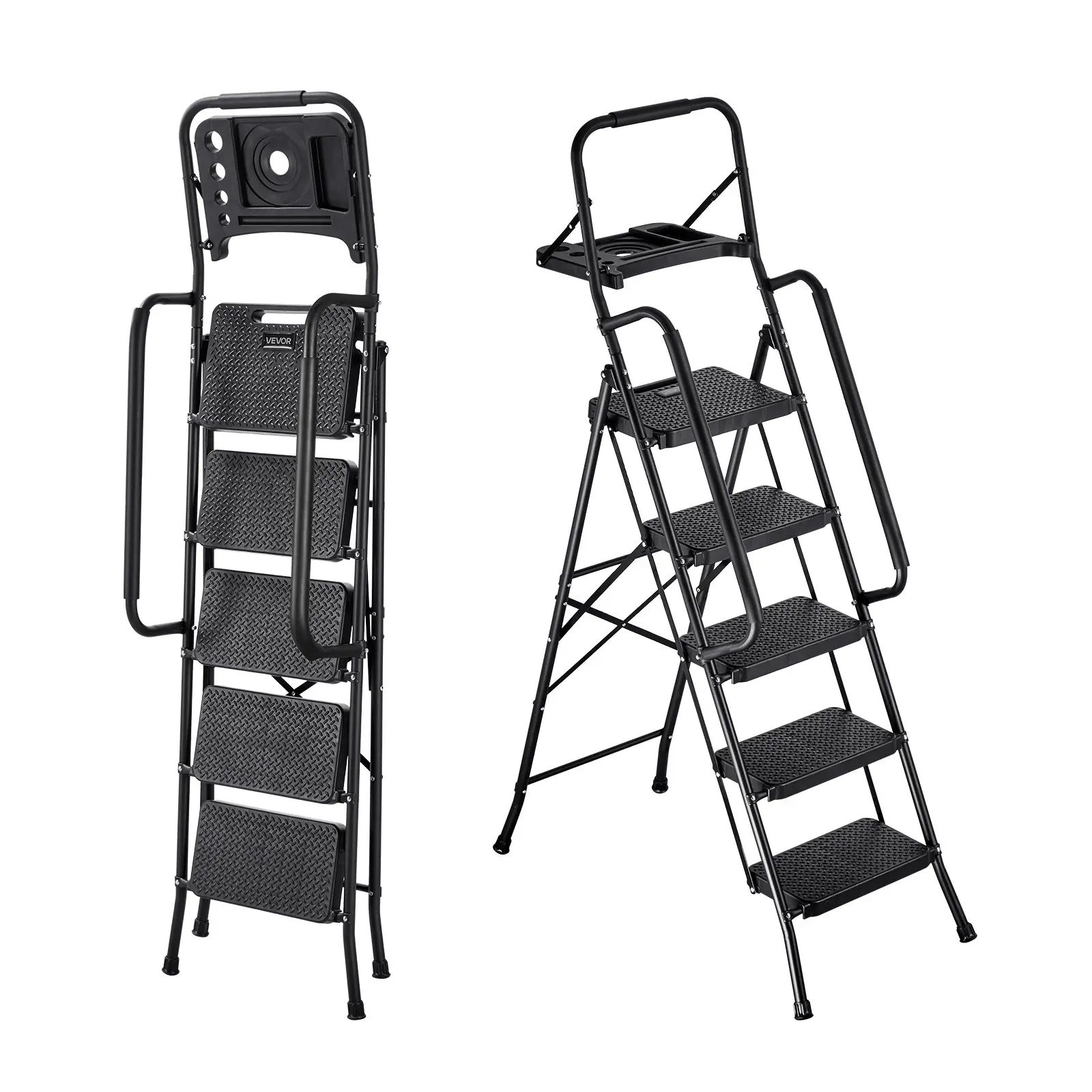 【Summerfinds】VEVOR 5 Step Ladder, Folding Step Stool with Wide Anti-Slip Pedal, Tool Tray, Dual Side Handrails, 600 lbs Capacity Portable Steel Ladder, Multi-Use for Kitchen, Home, Household and Office, Black, Lightweight Foldable Ladder, Sturdy Portable