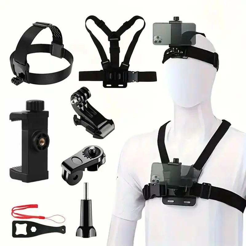 Action Camera Accessory Kit with Adjustable Chest Harness & Mounts, Universal Sports Camera Support Mount for Outdoor Cycling and Off-Road