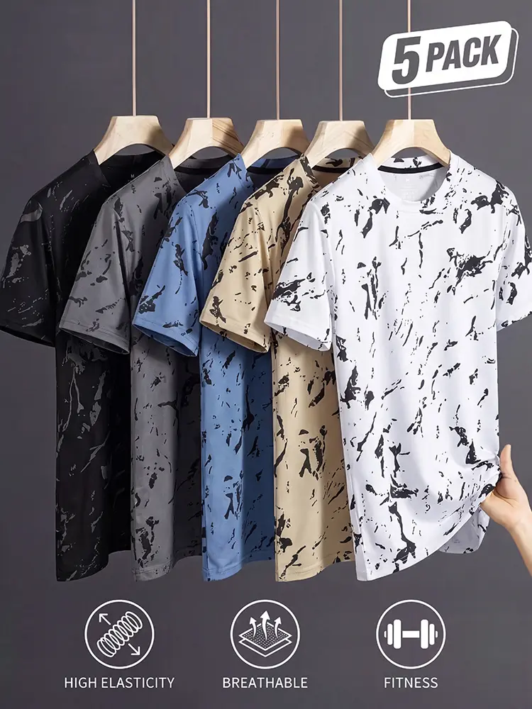Pack of 5 Men’s Fashion T-Shirts, Soft & Comfortable Crew Neck Quick-Dry Short Sleeve Tops – Suitable for Running, Fitness Training, Casual Wear & Everyday Use – Sweat-Wicking Sports Shirts, Durable Performance Fabric – Machine Washable