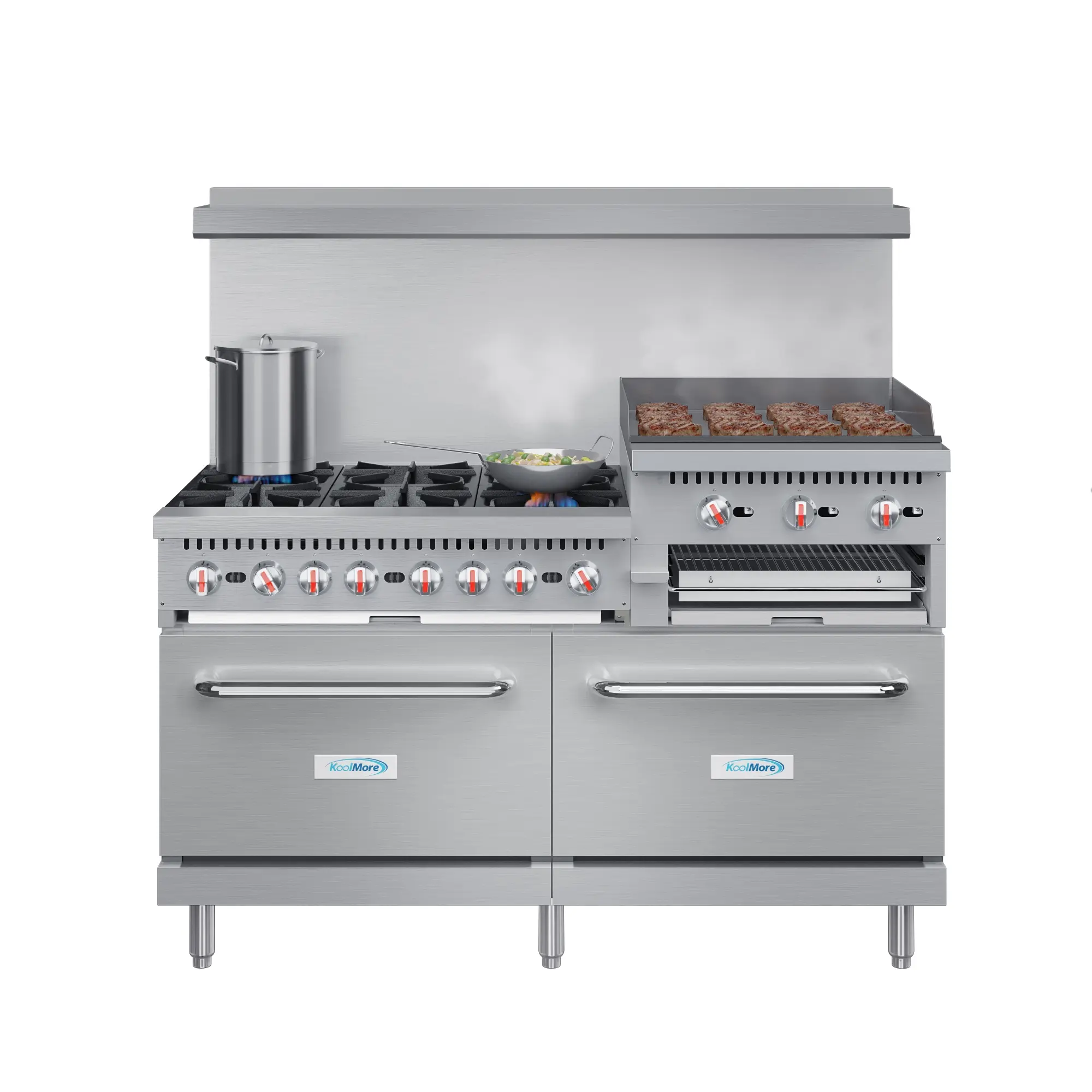 60-In Commercial LP Gas Range, Stainless Steel Model (KM-CRGB60-LP) for Busy Commercial Kitchens - 24-Inch Griddle and Broiler, High-Performance Open-Top Burners, Easy Cleaning