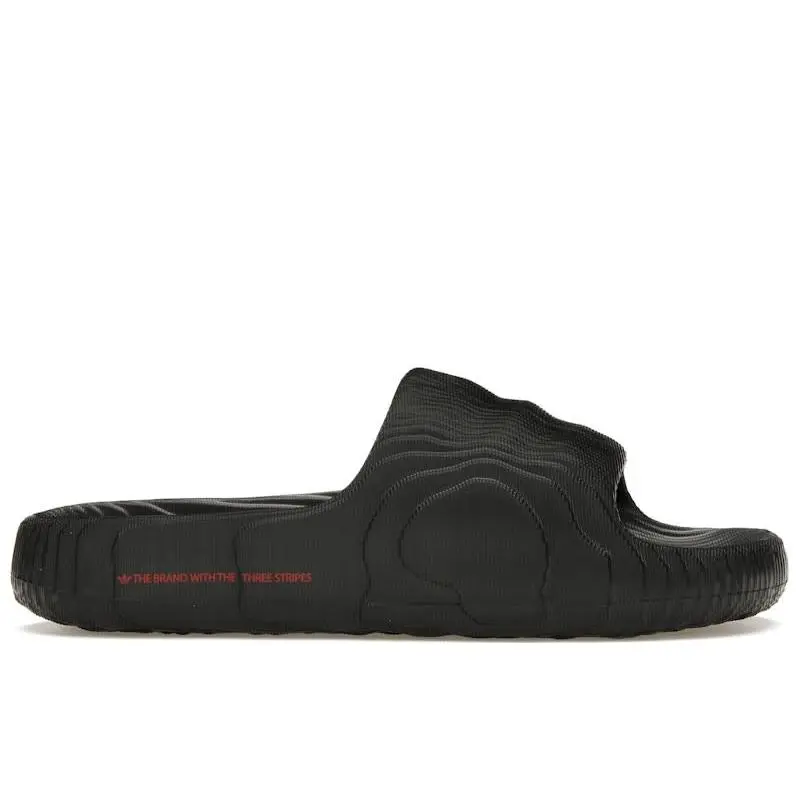 adidas Adilette 22 Slides Black Scarlet | Unisex Casual Slide Sandals | Futuristic Slip-On Footwear with Sculpted 3D-Inspired Design, Lightweight EVA Construction, Contoured Footbed, Comfortable Cushioning, Durable Sole, and Modern Everyday Style