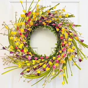 TOPFISH Handmade Rattan Decorative Wreath - Colorful Flower Arrangements with Yellow, Pink, Purple Blooms, Emerald Green Leaves, Romantic Door & Home Decor Ornaments