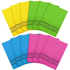Korean Body Scrub Mitt Set, 12-Piece Lightweight Soft Viscose Rayon Personal Hand Towel Bath Cloth Scrubber for Adults, Colorful Shower Accessories (Yellow,Green,Blue,Pink) - Ideal Gift