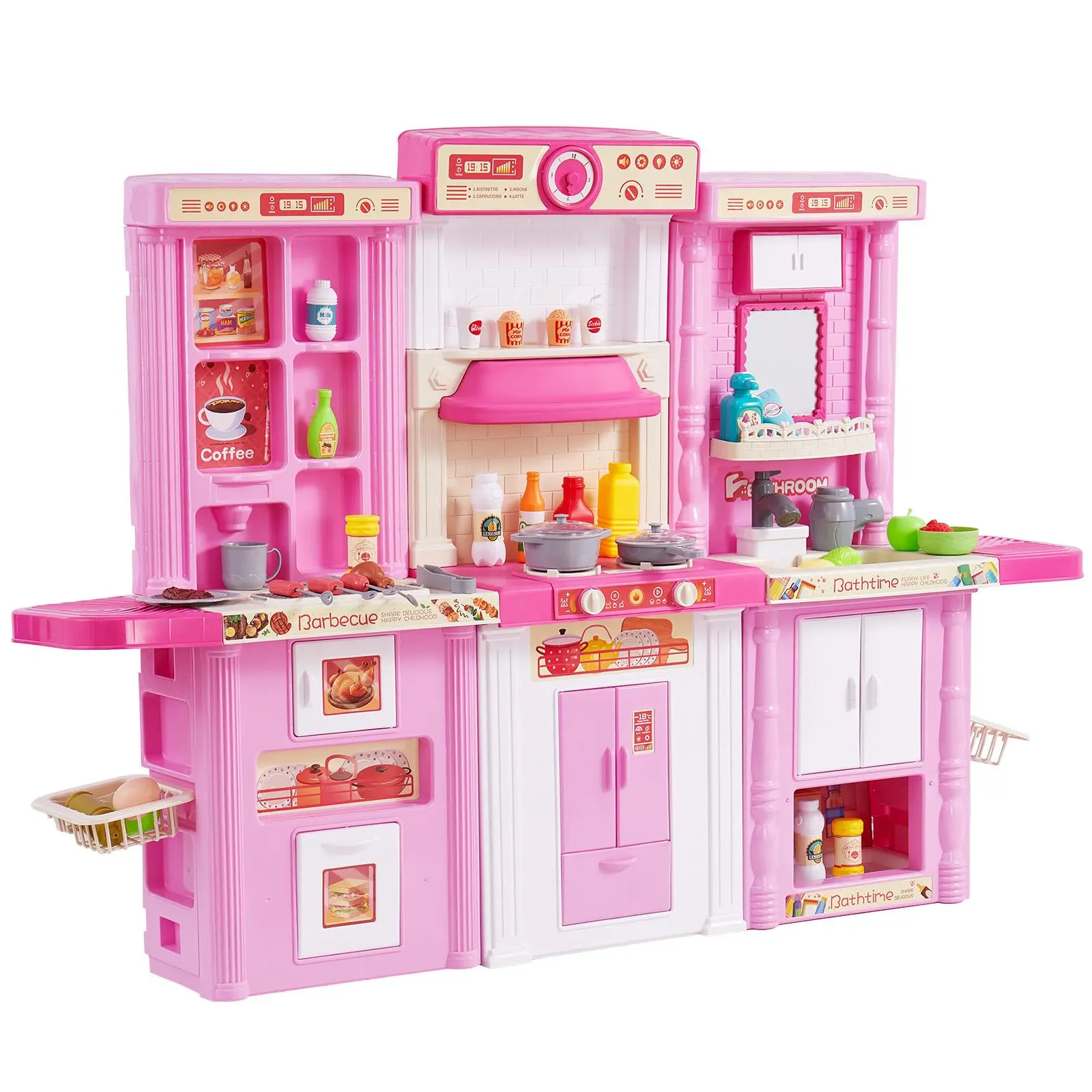 【Backtoschool】VEVOR Kids Kitchen Playset, 3-in-1 Toddler Kitchen with Simulated Spray, Sounds and Lights, Play Kitchen Set with 74 PCS Cooking Accessory Set for Toddlers, Preschoolers, Children Ages 3-8, Pink Christmas gift