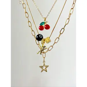3pcs Leopard & Cherry Necklace Set, 8-Ball Billiard Dice Charm Necklace, Red Cherry Necklace, Fashionable Star Necklace, Classic Leopard Necklace,Suitable for daily wear