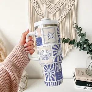 Coastal Tumbler 40oz Handle Tumbler, Nautical Seashell Travel Cup with Handle, Beach House Gift for Her, Insulated Steel Mug - scs17760