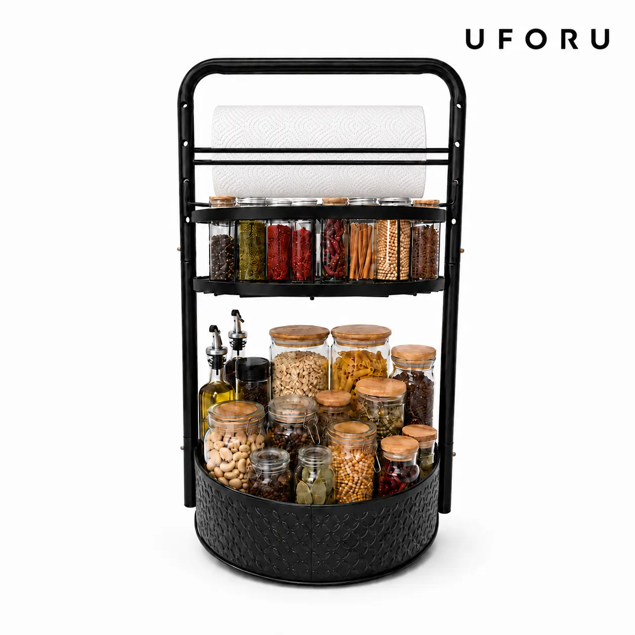 UFORU Durable 2-Layer Rotating Spice Rack Organizer, 9.84 in Adjustable Lazy Susan Turntable Shelf with Balanced Base, Metal Cabinet Rack for Spices, Condiments