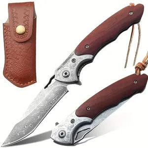 Damascus Pocket Knife, Folding Knife, VG10 Steel Core 67 layers Damascus Steel Knife With Leather Sheath, Wood Handle, EDC Knife, Pocket Clip, Outdoor Knife Survival Knife , Collection Knife