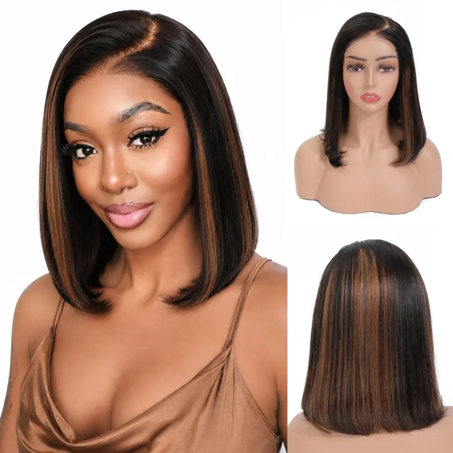 【FBT Shipment】【New Arrival】Wear and Go Glueless 7x5 Pre Cut HD Lace Bob Wig Human Hair Pre Plucked Pre Bleached Knots Highlight Ombre 4/27 & 1B/30 Drawstring Straight Bob Wig 250% Density for Black Women Beginner Friendly