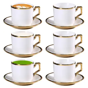 Luxury Electroplated Gold-Trim European Ceramic Tea & Coffee Cup and Saucer Set - 6-Piece, 90ml Elegant Kitchenware Drinkware for Home Cafe, Coffee Cups Gift, Tea Cup Set Glass Cup Set
