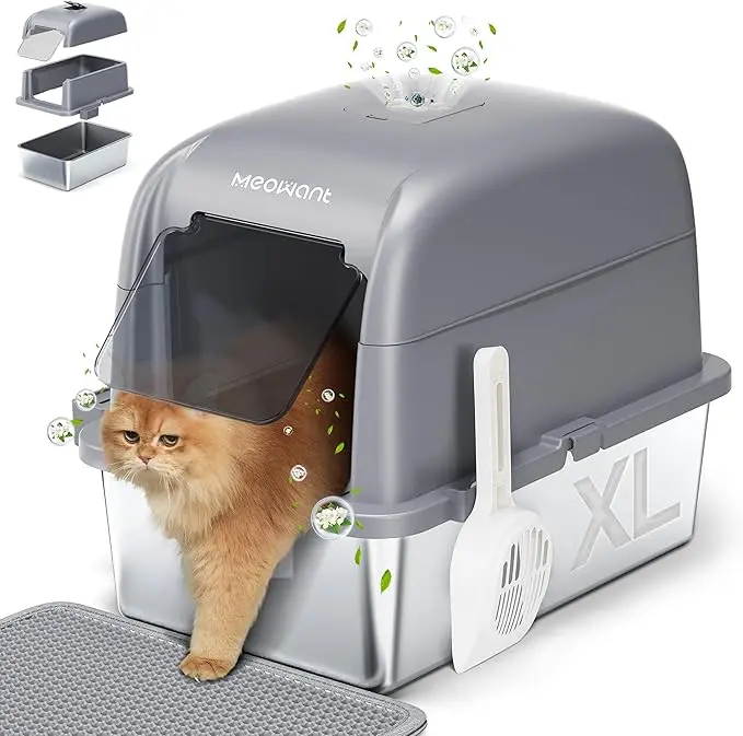Meowant Stainless Steel Litter Box Enclosure - 3-in-1 Extra Large 24x16x18in Odorless Litter Box for Big Cats, Enclosed/Open Top Metal Pan with Anti-Leakage, Non-Sticky, Easy-Clean Design, Odorless Litter Boxes
