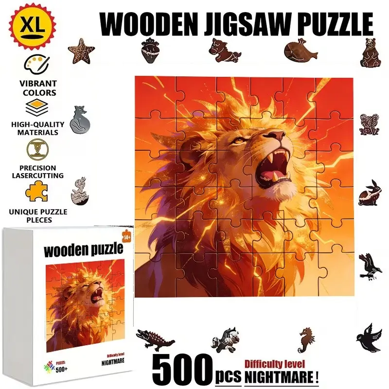 500 Piece Wooden Puzzle, Painted Lion Head Design, Brain Challenge, Unique Irregular Shapes, Home Entertainment, Relaxing Activity