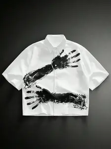 1 Piece Men's Short Sleeve Shirt Gothic Dark Streetwear Handprint Graphic Print White Loose Button Down for Daily Street Fashion Wear