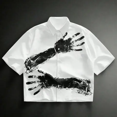 1 Piece Men's Short Sleeve Casual Collared Shirt Casual Trendy Shirt Gothic Dark Streetwear Handprint Graphic Print White Loose Button Down for Daily Street Fashion Wear