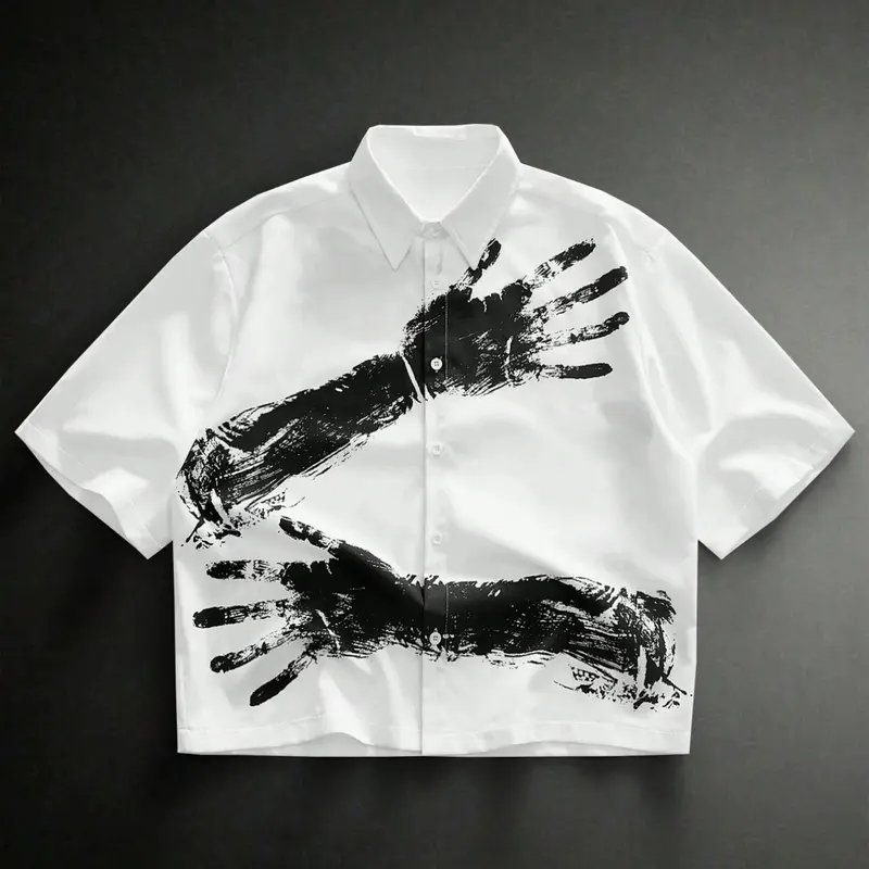 1 Piece Men's Short Sleeve Casual Collared Shirt Casual Trendy Shirt Gothic Dark Streetwear Handprint Graphic Print White Loose Button Down for Daily Street Fashion Wear