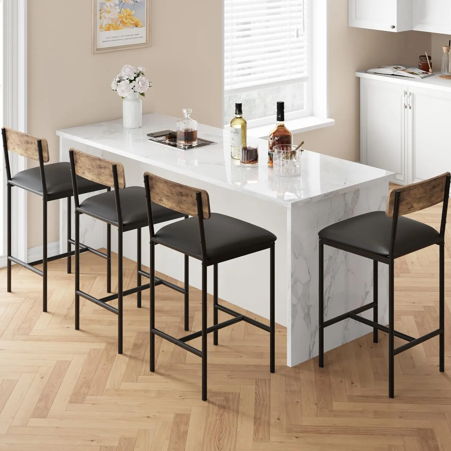 Bar Stools Set of 4, Counter Height Bar Stools with Back & Upholstered Wider Seat, 25.5" Kitchen Barstools with Footrest for Kitchen Island, Bars Counter, Easy Assembly, Retro Brown,dorm essentials,home decor