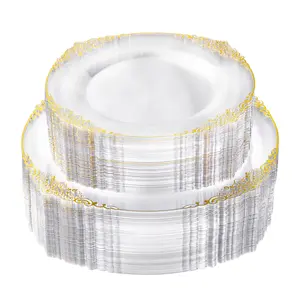 Bestluck 100PCS Clear & Gold Plastic Plates 50 Dinner 50 Dessert for Weddings Birthdays Baby Showers Christmas Anniversaries Elegant Design BPA Free Disposable Cups