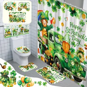 8/4Pcs St Patrick's Day Bathroom Curtain Set Green Shamrock Irish Lucky Clover Bathroom Makeover Decor 70 x 70inch Shower Curtain with Hooks & Waterproof Non Slip Bath Mat & U shaped Rug & Toilet Lid Cover for Home Dormitory Hotel Bathroom Supplies