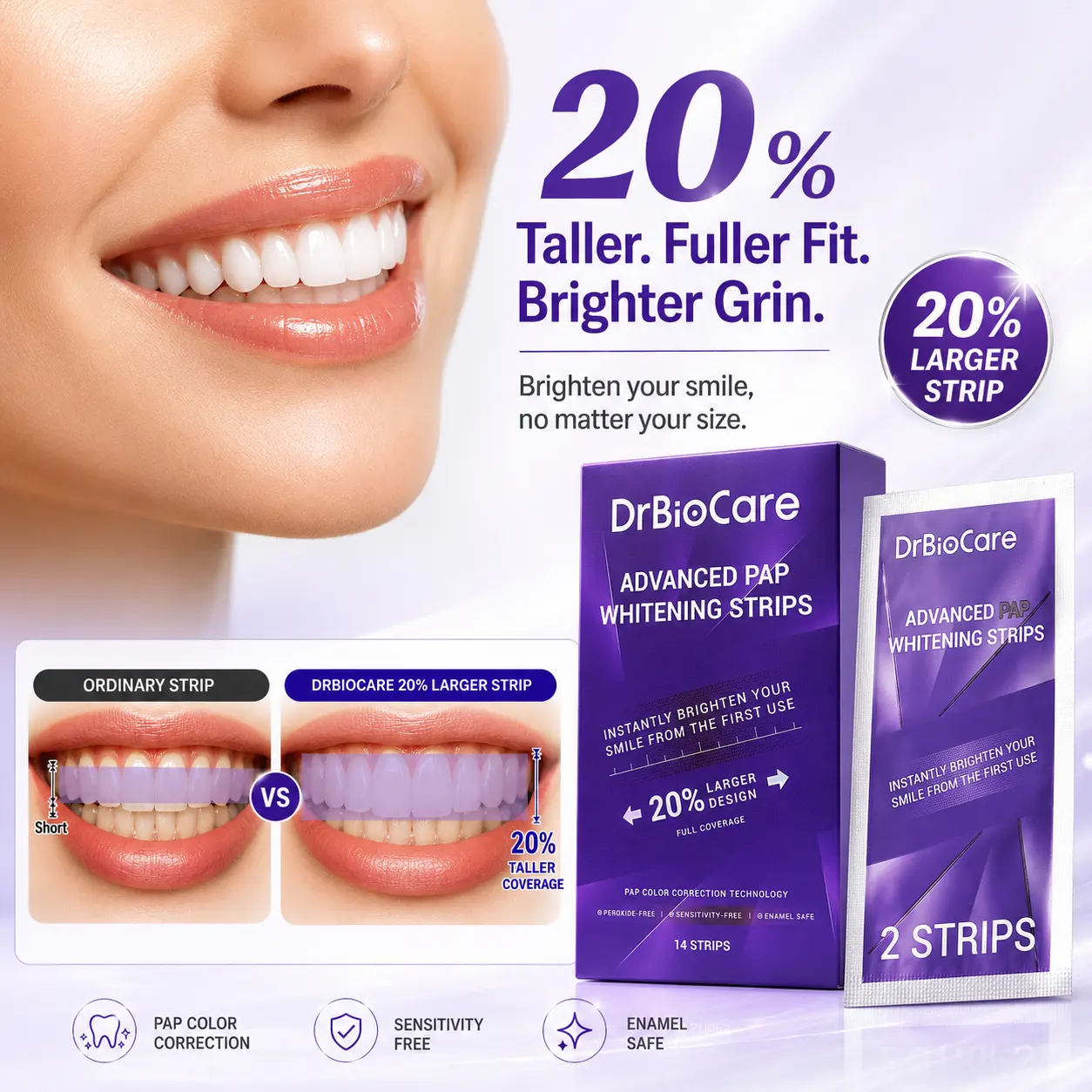 [20% Larger]DrBioCare PAP Purple Teeth Whitening Strips, Fresh Mint & Easy Rinse - Non Sensitive White Teeth Kit