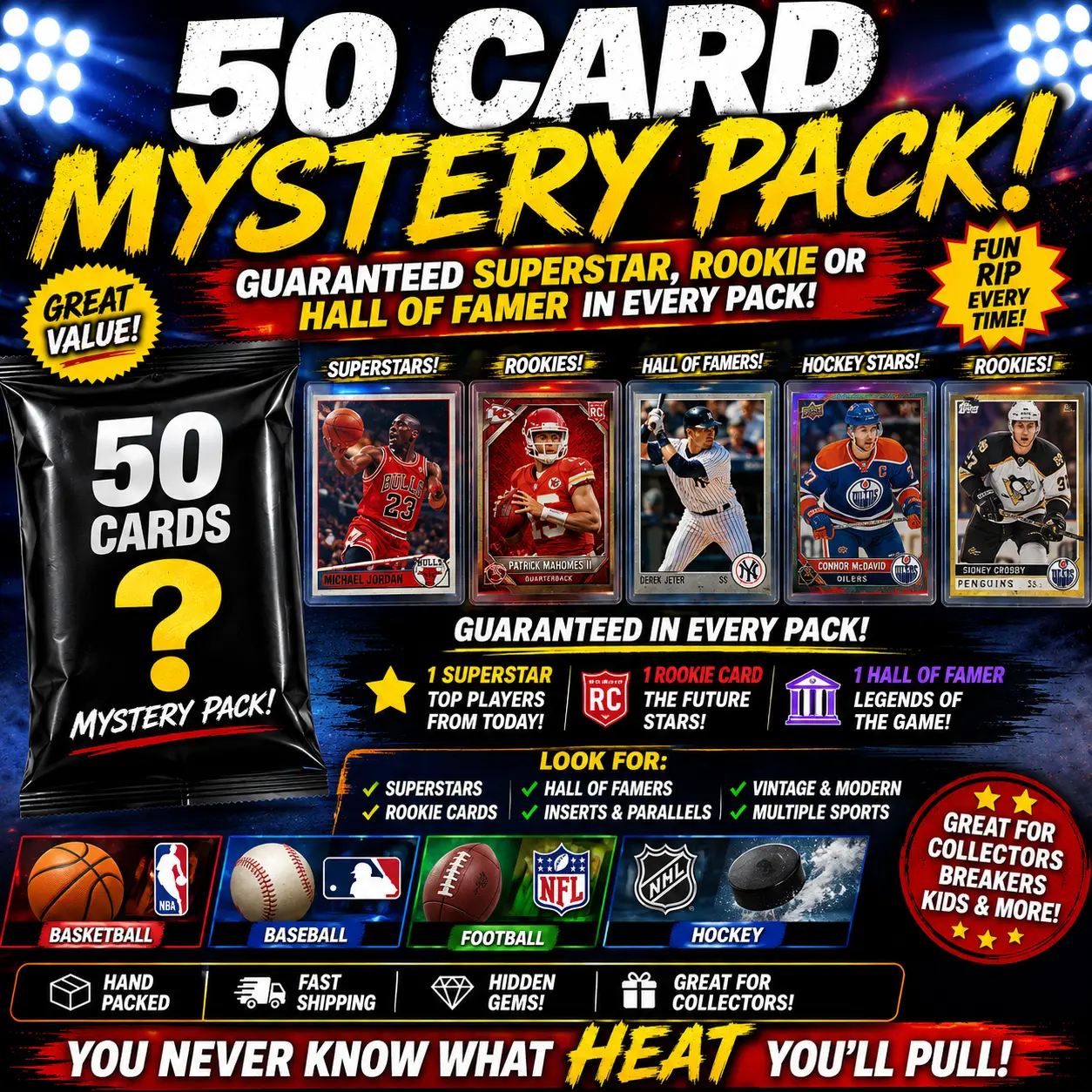 50 Sports Card Pack Guaranteed Superstar, Rookie or Hall of Famer