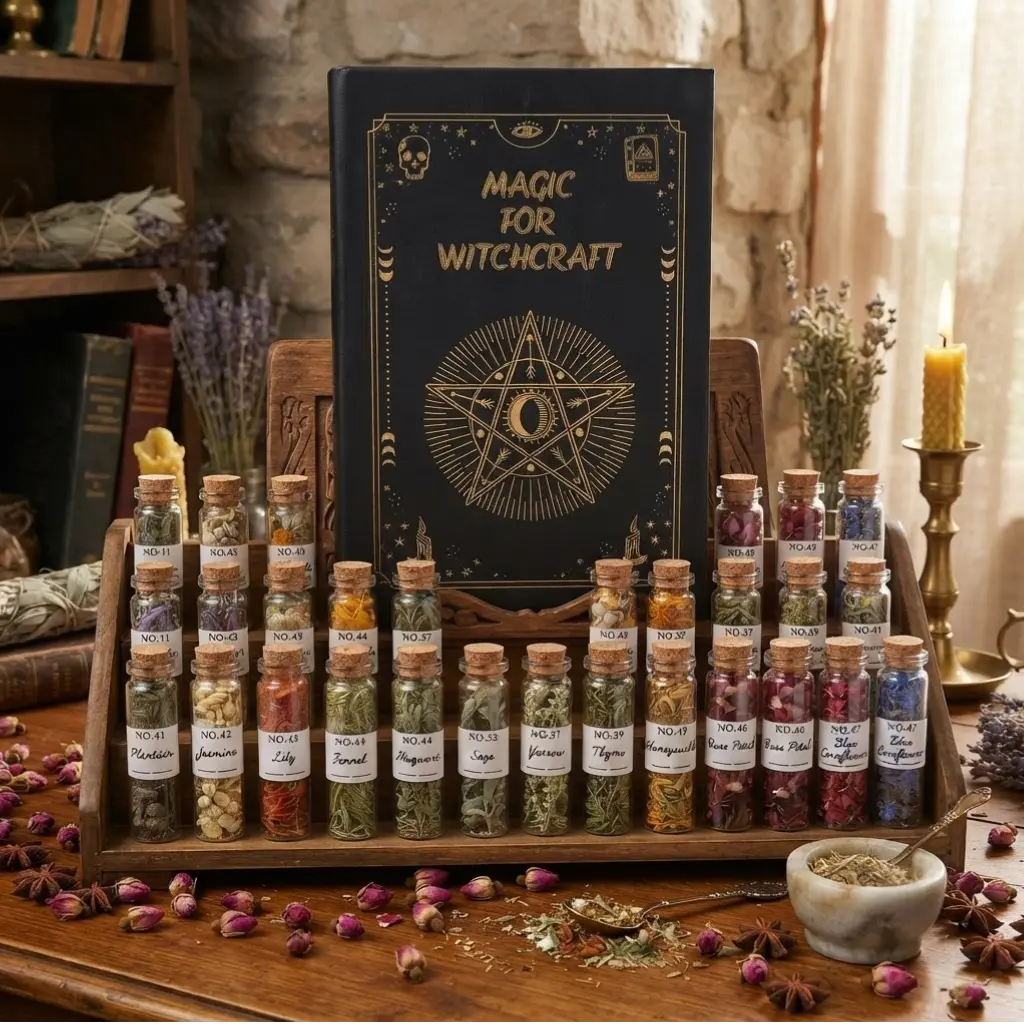 Deluxe 45-Jar Witchcraft Apothecary Chest Kit – Black & Gold Altar Box with Corked Glass Herb Bottles, Dried Herbs & Flowers for Spells, Wiccan Ritual Supplies & Beginner Gift