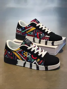 Men's Fashionable Geometric Pattern Lace Up Skate Shoes, Artistic Streetwear Shoes, Casual Comfortable Sports Shoes for Daily Wear, Male All-match Round Toe Shoes for Daily Wear