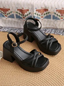 Women's Fashionable Cross Strap Heeled Sandals, Casual Comfortable High Heel Sandals for Daily Wear, Trendy All-match Platform Sandals for Women & Girls