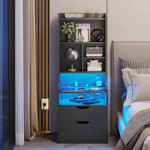 Tall Nightstand with LED Lights & Charging Station, Modern Bedside Table with Storage Drawers & Open Bookshelf, Multi-Functional Tall End Side Table for Bedroom Home Decor, Black/White/Gray