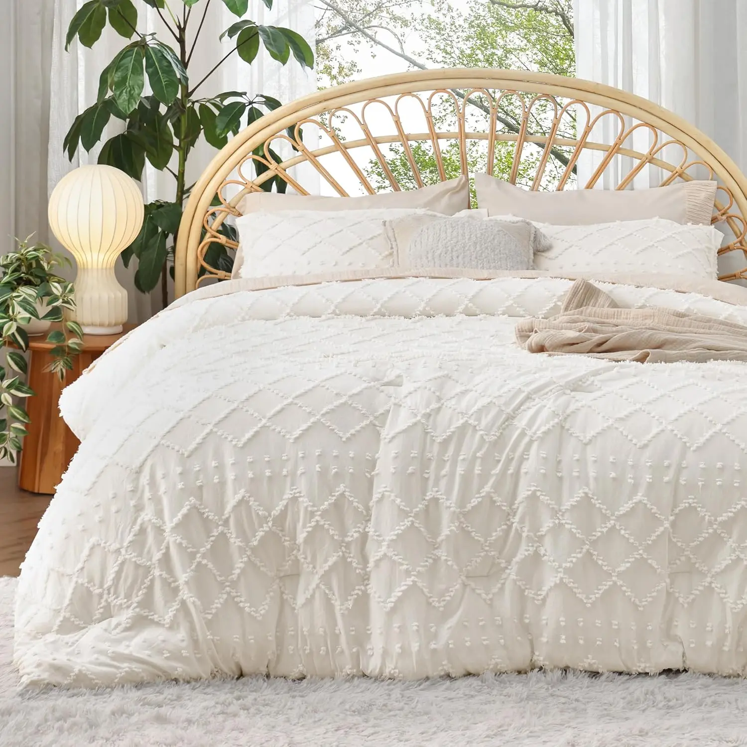Ivory Boho Tufted Full Bedding Set - 3-Piece Farmhouse Bedding Set with 2 Pillow Shams, All Season, Lightweight Warm, Soft Fluffy Neutral, Versatile Linen Collection, Lightweight Warm Bedding