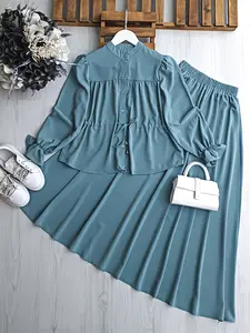 Mist Blue Waist Cinch Drawstring Shirt + Elastic Waist Skirt Set, Soft Commuter Style, Slimming Two-Piece Set, Ideal for Daily Wear & Leisure