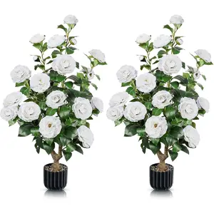 2 PCS Artificial Camellia in Pot White Fake Flowers Faux Potted Tree with 24 Blooming Camellia Topiary Greenery Plant for Porch Front Door Indoor