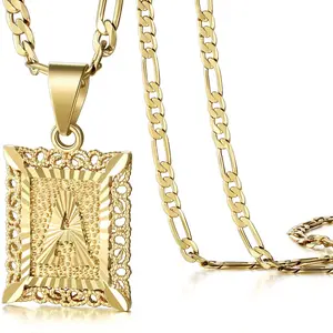 Best-selling universal initial pendant necklace, metal gold square letter design, A–Z full alphabet options available, paired with a classic Figaro chain—an excellent Valentine’s Day gift.