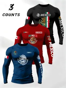 Men's Mexican Theme Flag Letter Print T-Shirt Set, Athleisure Wear Set, Sporty Casual Long Sleeve, Multi-Season Fashion, Daily Wear, Fitness, Outdoor Activities