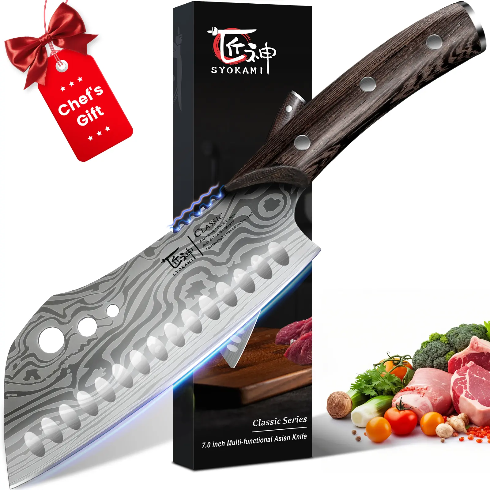 【DealsForYouDays】 SYOKAMI 3-in-1 7" Kitchen Knife with Herb Stripper, Asian Knife Combined with Chef Knife, Santoku, Nakiri, Ideal for All-Around Food Preparation—Slicing, Chopping, Dicing, Mincing, Christmas Mother's Day Gifts