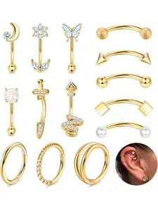 14 PCS Rook Piercing Jewellery Gold 16G Steel Silver Eyebrow Piercing 8MM Curved Barbell Piercing Vertical Labret Lip Bars Daith Helix Cartilage Rook Hoop Piercing Earrings