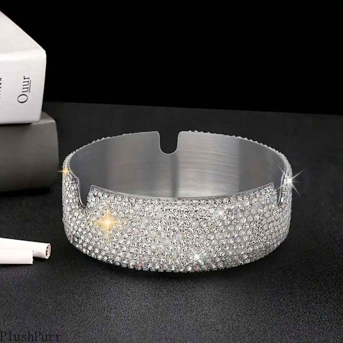 Modern Rhinestone-Embellished Silver Ashtray, Luxurious Stainless Steel Smoking Accessory with Lid, 3.15 Inch Portable Desk Ornament for Home, Recycled tiktokshopbacktoschool, Desk Decor
