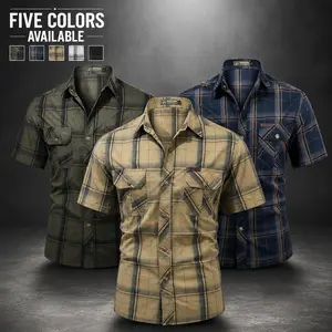 Men’s 100% Cotton Vintage Plaid Short-Sleeve Oxford Shirt - Turn-Down Collar, 2 Chest Pockets, Breathable Skin-Friendly Fabric, Menswear Workwear Cargo Print Top for Commuting & Casual Wear