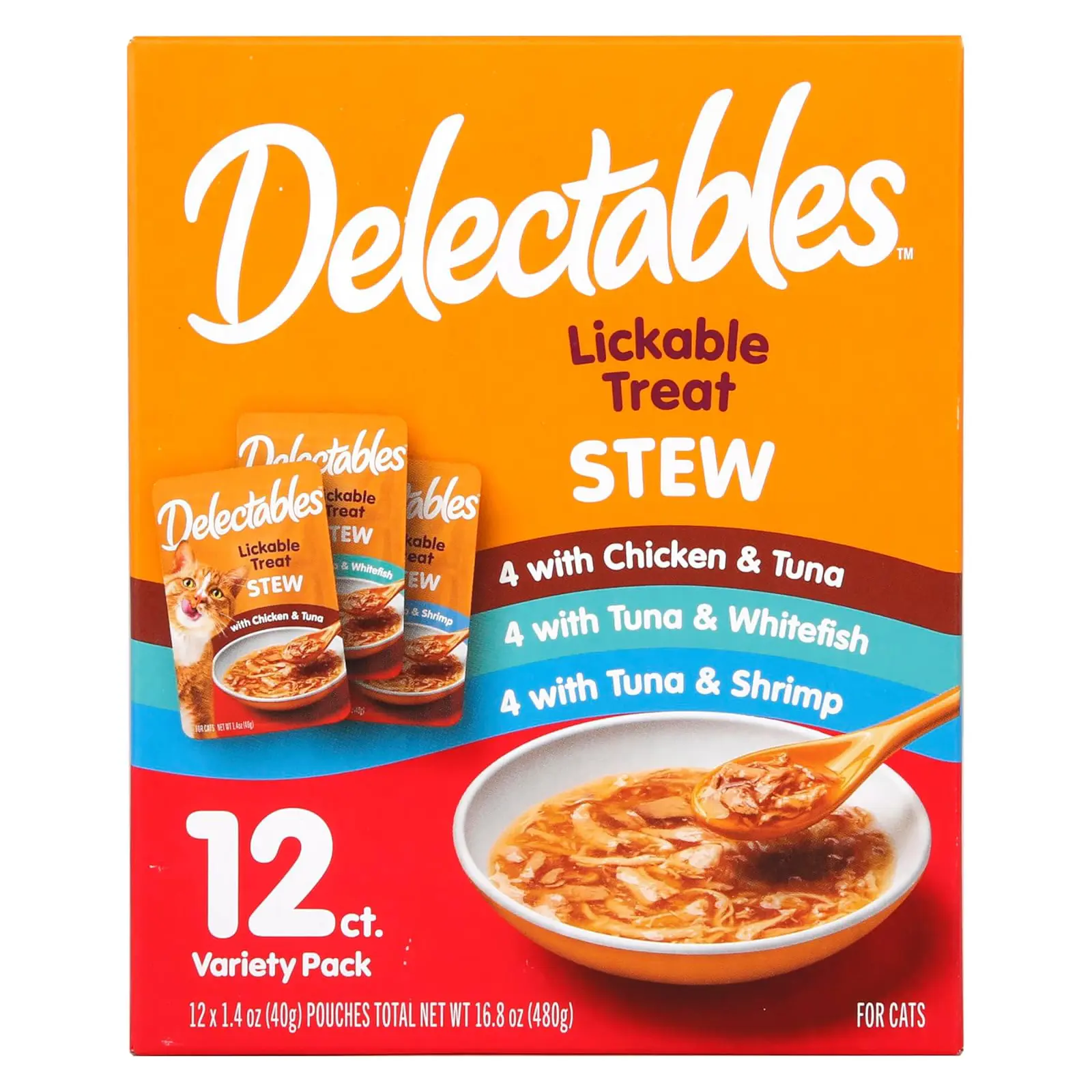 Delectables Lickable Treat Stew Wet Cat Treat Variety Pack, Food Topper, Hydrating, Grain-Free, No Fillers, No By-Products, No Added Preservatives, 1.4oz Pouch, 12ct