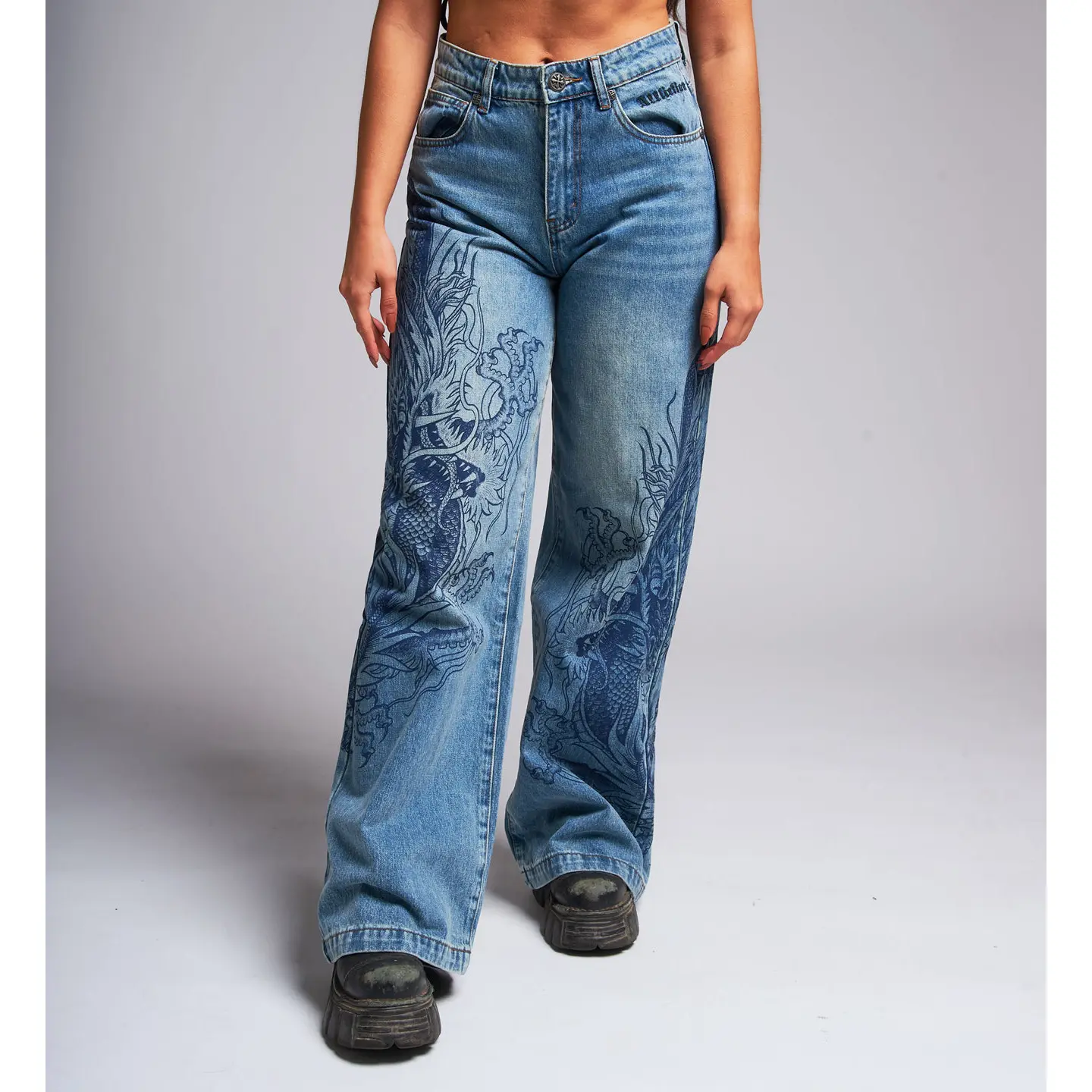 Affliction Women's Denim Wide Leg Jean Flaming Dragon