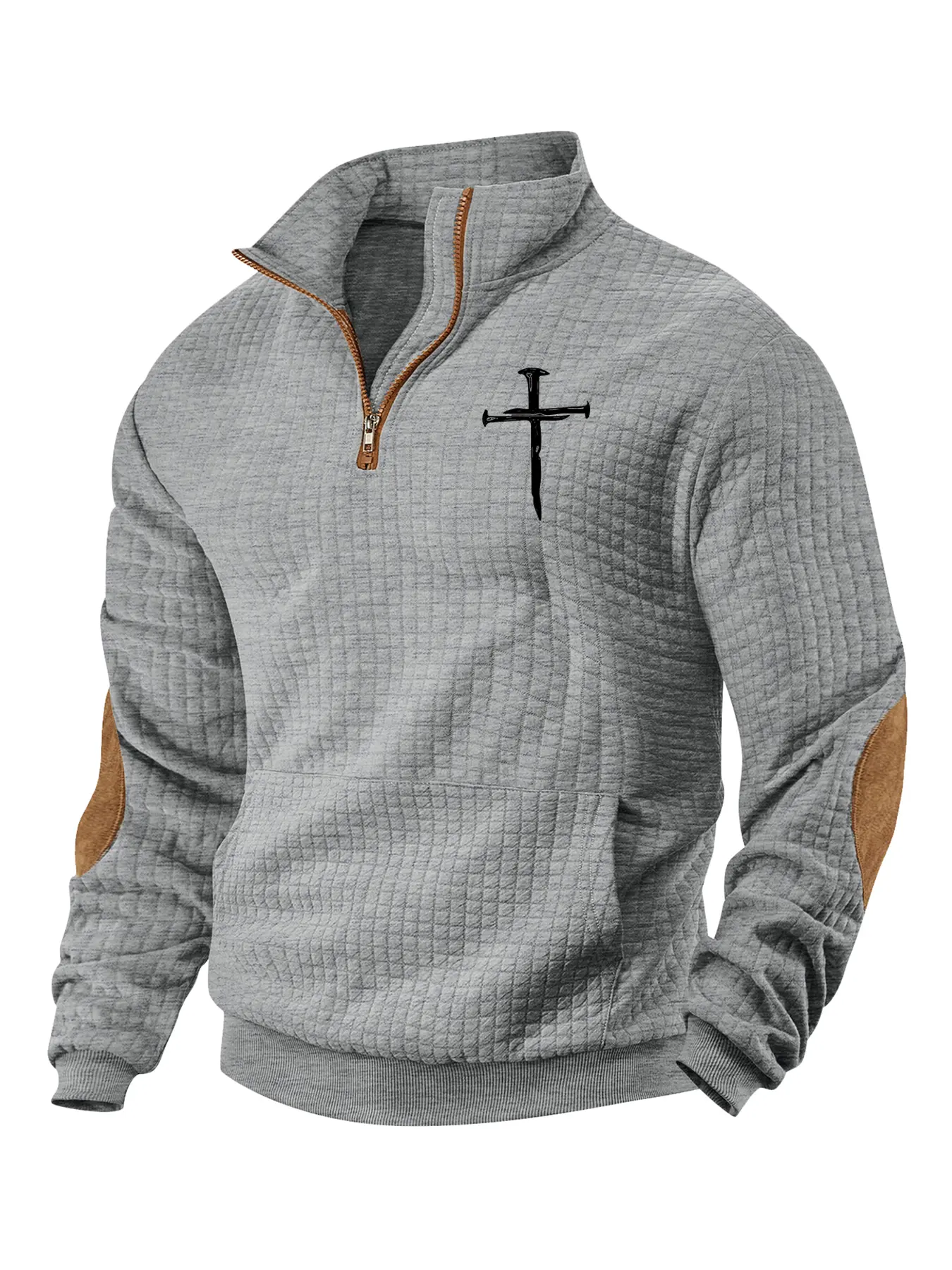 Men's cross-print waffle weave hoodie, Half Zip Sweatshirts, long-sleeve stand-up collar pullover, Jesus cross print, quarter z design, winter hoodie, daily holiday wear, street style casual outfit, suitable for spring, autumn and winter, Graphic Hoodies