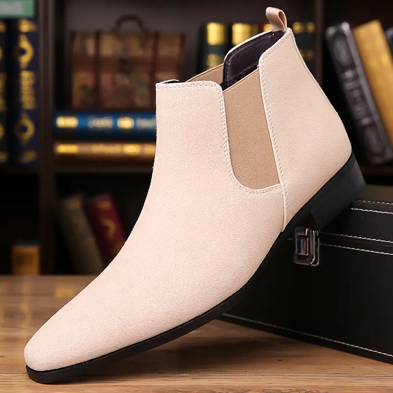 Men's Chelsea Boots - Slip-On Synthetic Mid-Calf Waterproof Kitten Heel Shoes, Casual Business Closed-Toe Footwear with PU-Rubber Sole, Elastic Laces for Everyday Wear (Black, Brown, Cream)